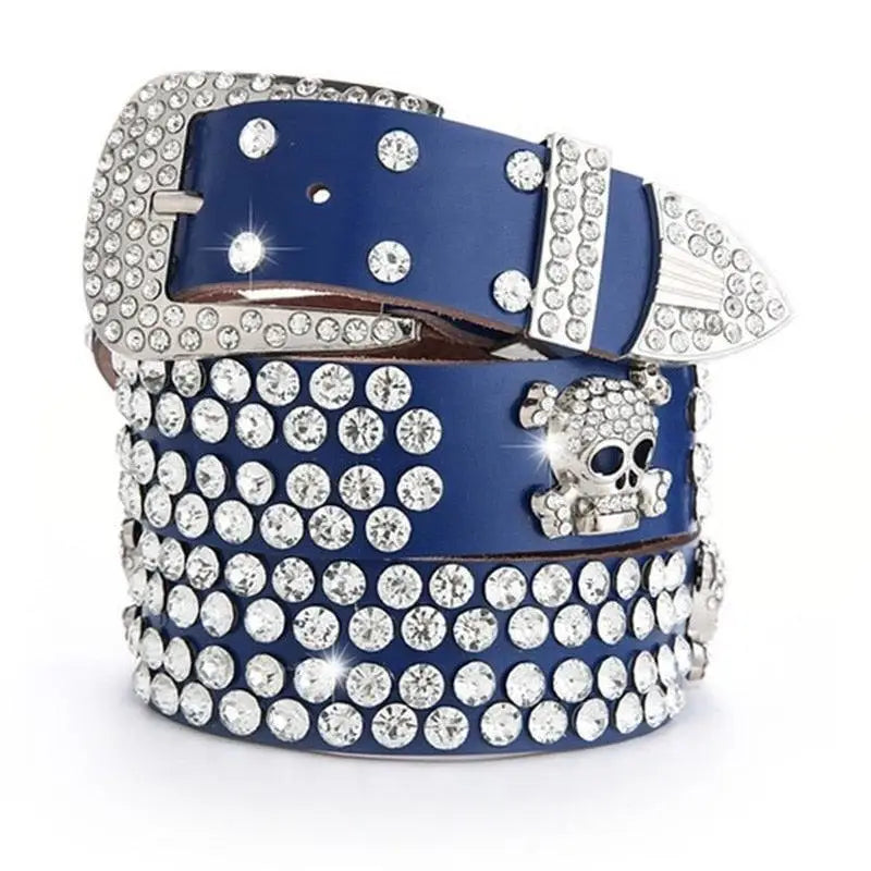 Blue genuine leather belt with rhinestones and skull detail from Zephyr Rhinestone Belt collection