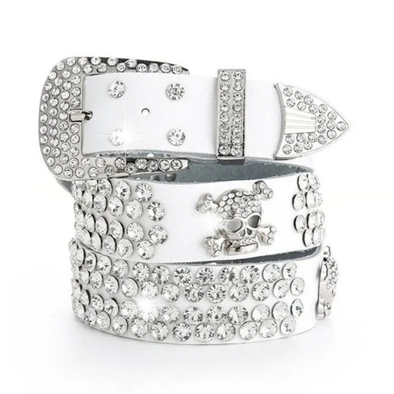 White rhinestone-studded belt featured with Black Vinyl Culottes and Top showcasing Zephyr rhinestone detail