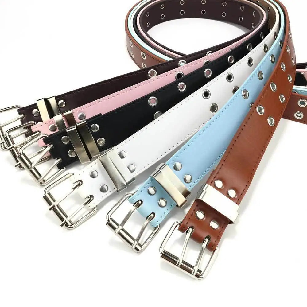 Colorful double-grommet faux leather grommet belt for women displayed