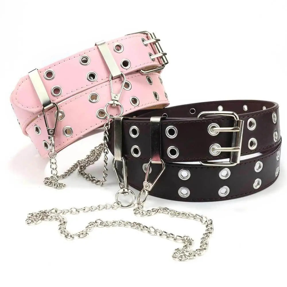 Colorful Double-Grommet Faux Leather Grommet Belt for Women featuring two-row grommets and chains