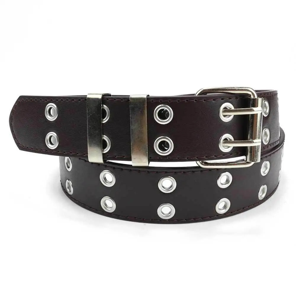 Brown faux leather belt with silver double grommets and buckle for women