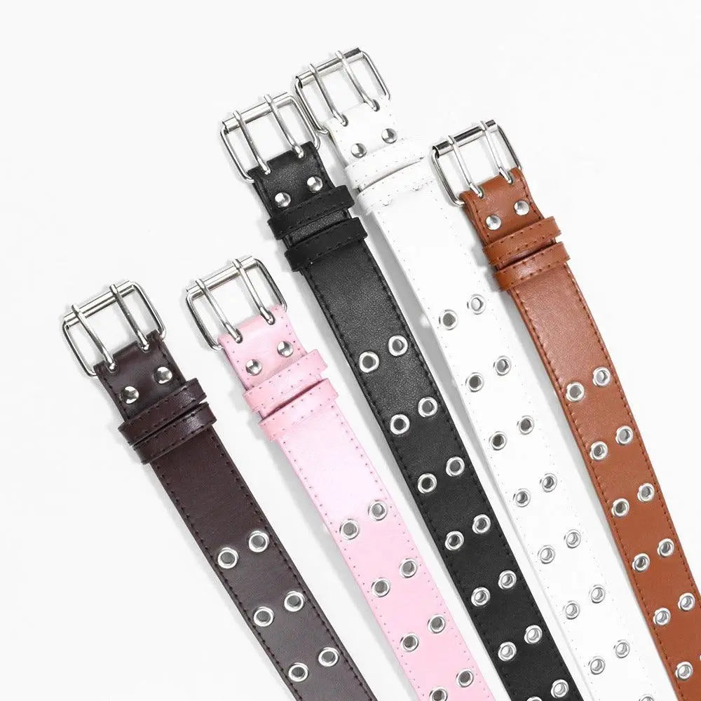 Assorted double-buckle grommet faux leather belts for women displayed in the product image