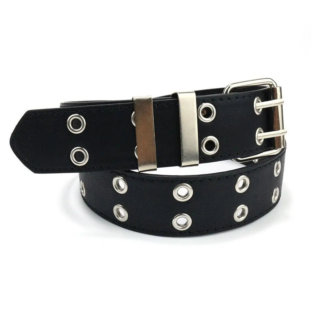Black faux leather grommet belt with colorful double-grommet design for women