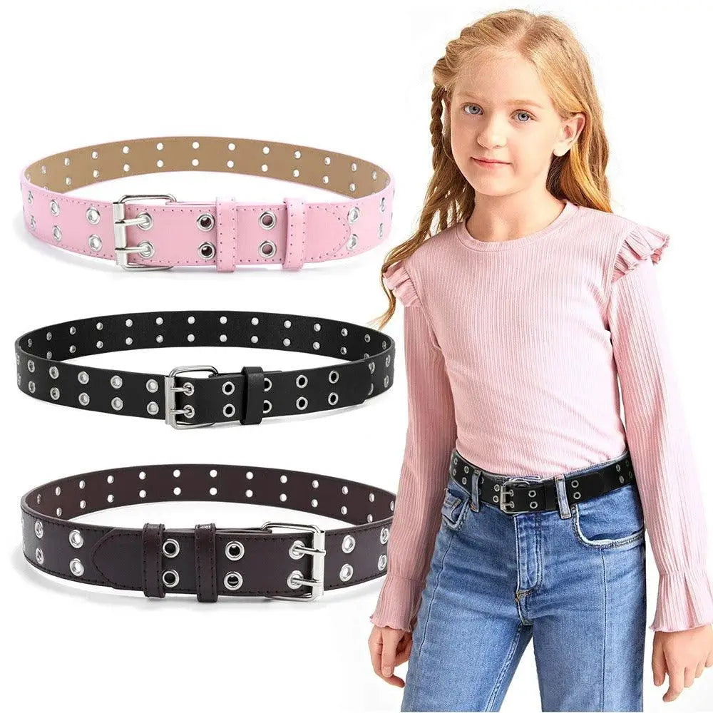 Girl wearing a colorful double-grommet faux leather belt with additional belts displayed
