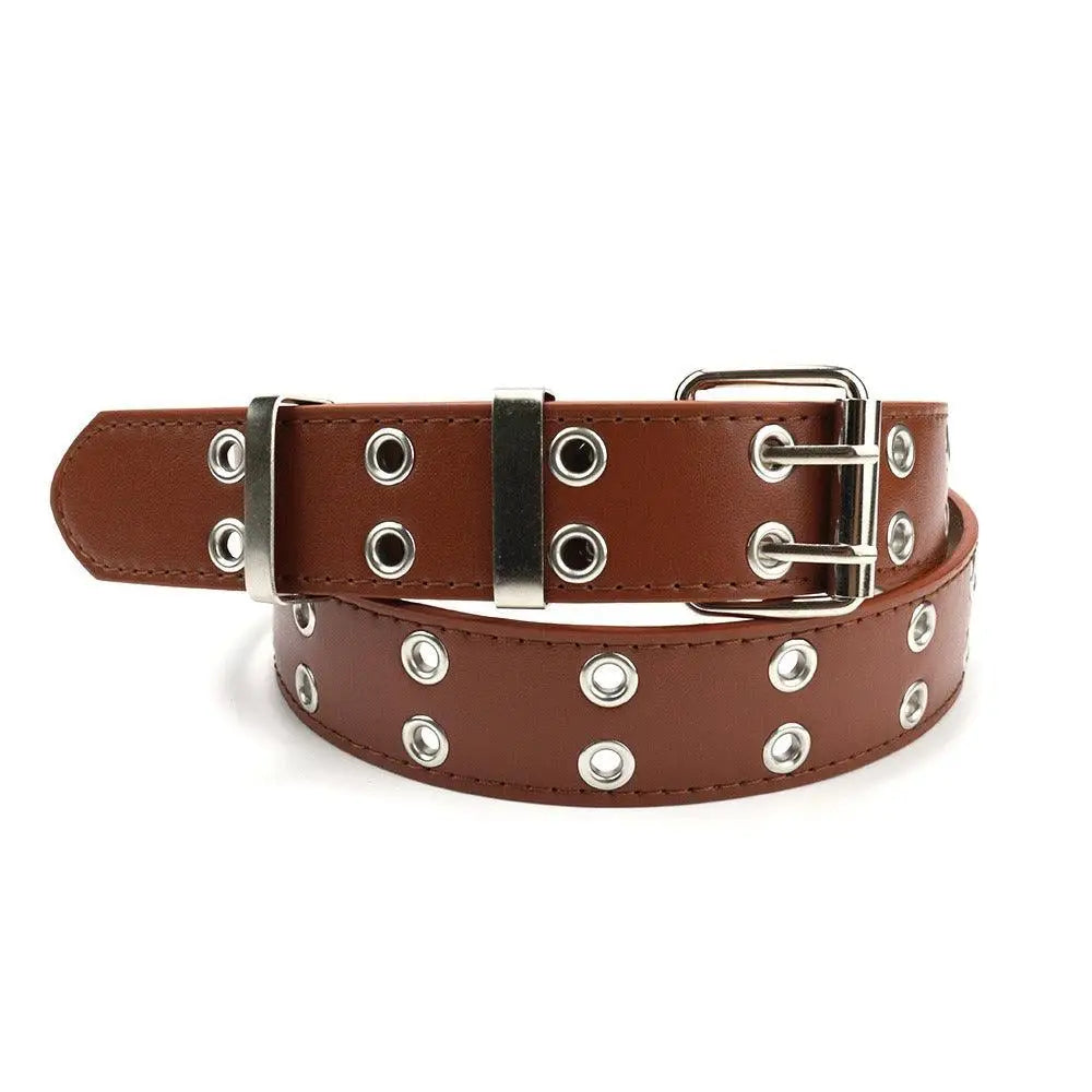 Brown leather belt with silver grommets from the Colorful Double-Grommet Faux Leather Grommet Belt for Women