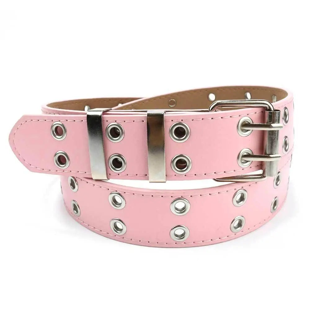 Pink faux leather grommet belt with double grommets for women fashion