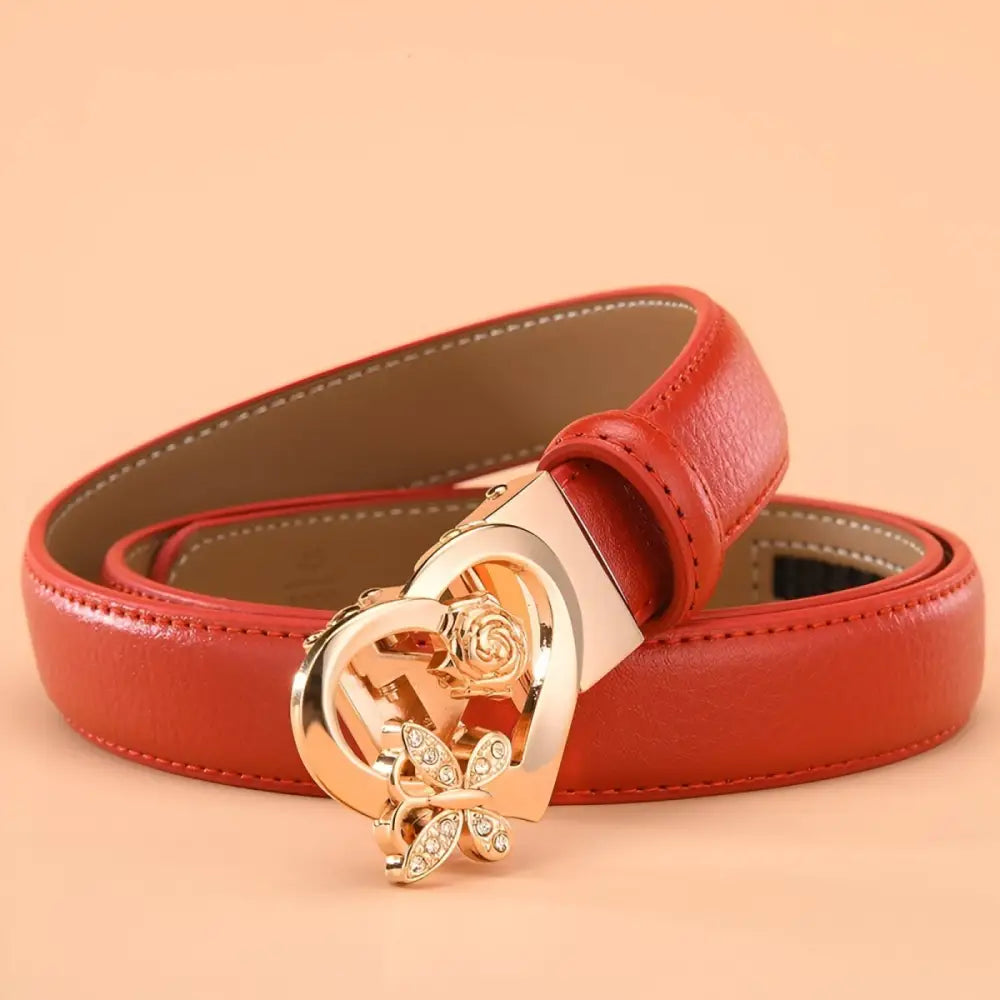 Red leather belt with a heart-shaped and gold buckle from Leather Belts with Heart-Shaped and Gold Buckle Details