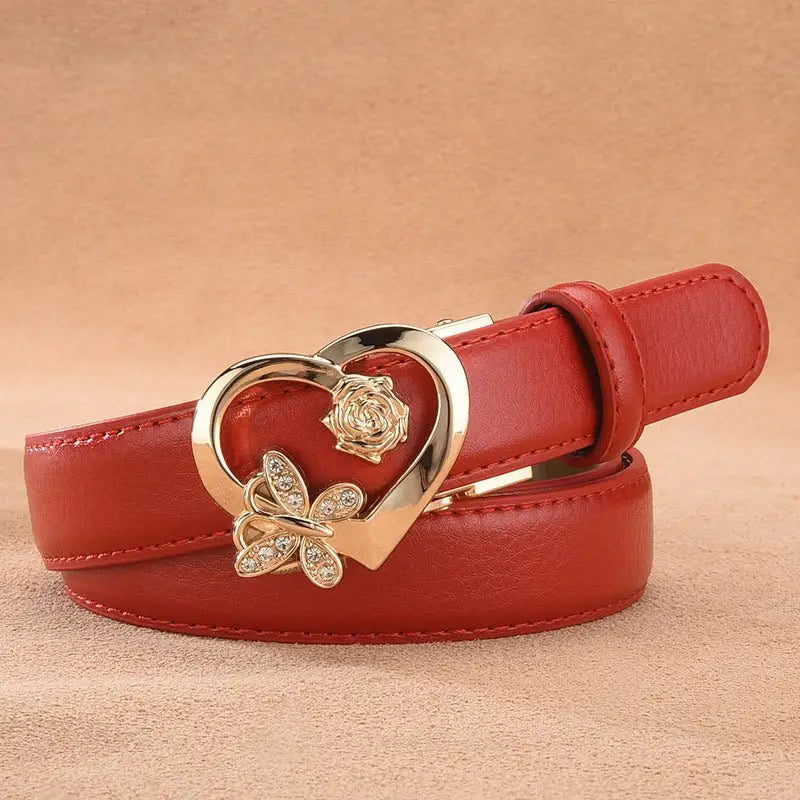 Red leather belt with heart-shaped and gold buckle details from Leather Belts collection