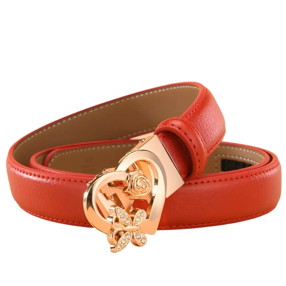 Red leather belt with heart-shaped and gold buckle details for stylish fashion accessories