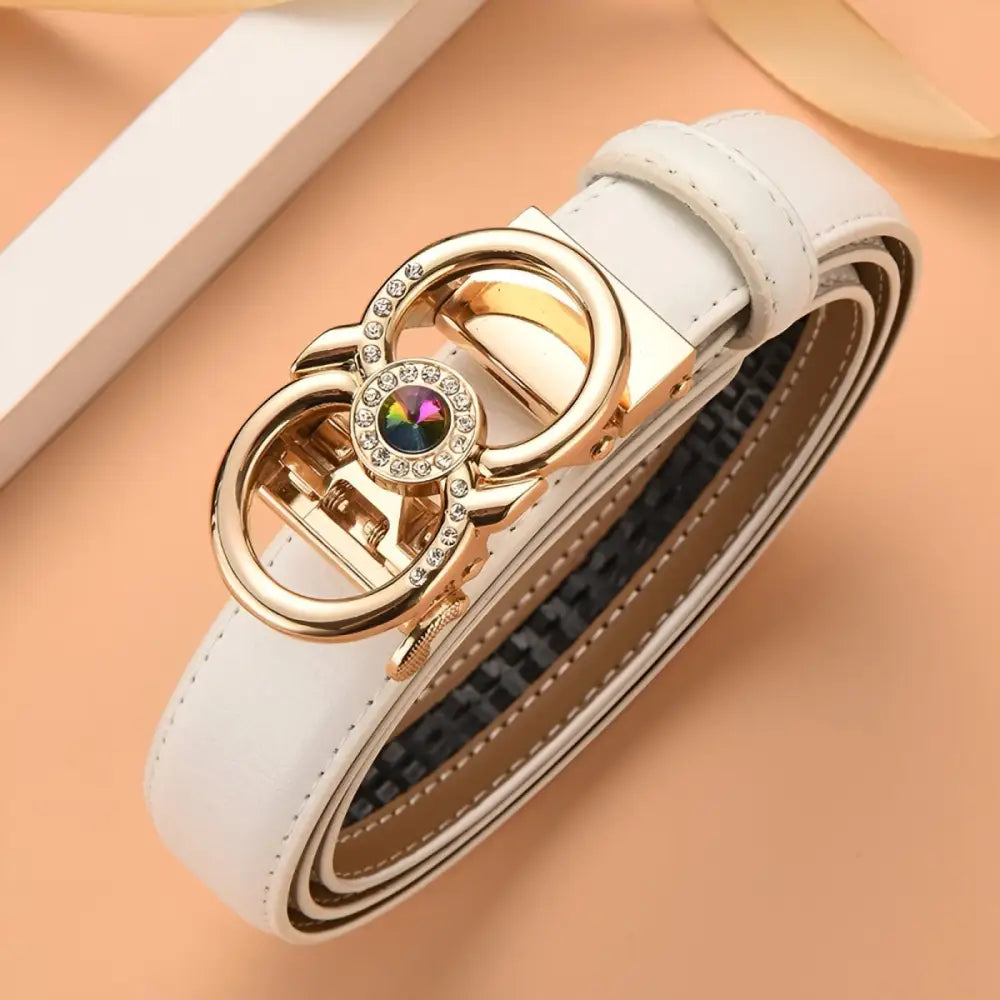 White leather belt with a gold buckle featured in the Red Leather Belt with Jeweled Gold Buckle product image