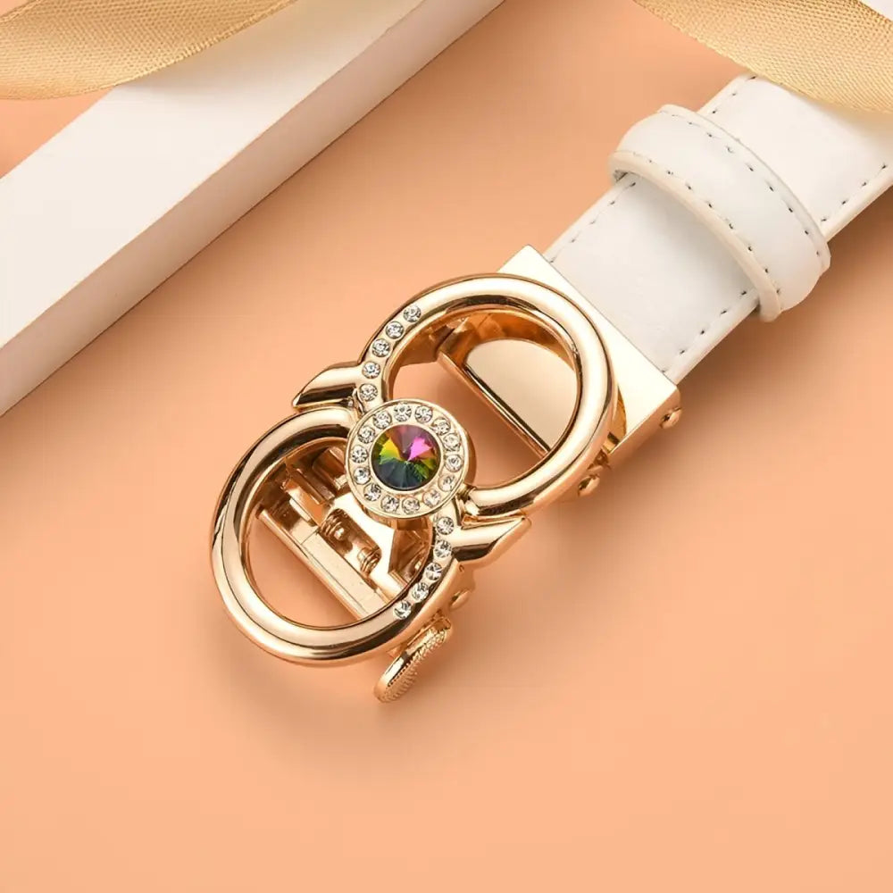 White leather belt with a gold buckle displayed in the Red Leather Belt with Jeweled Gold Buckle product image