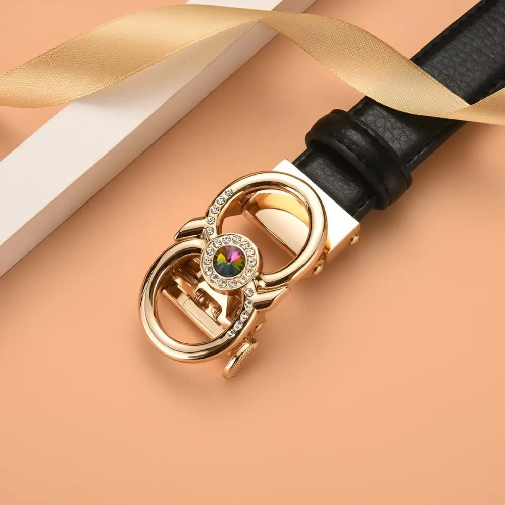 Black leather belt featuring a gold buckle, complementing the Red Leather Belt with Jeweled Gold Buckle product display