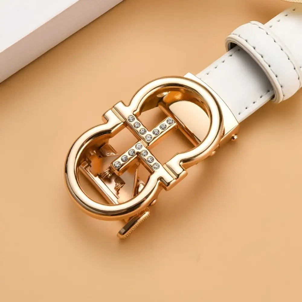 White leather belt with a golden omega buckle from Leather Belts with Golden Omega Buckle collection