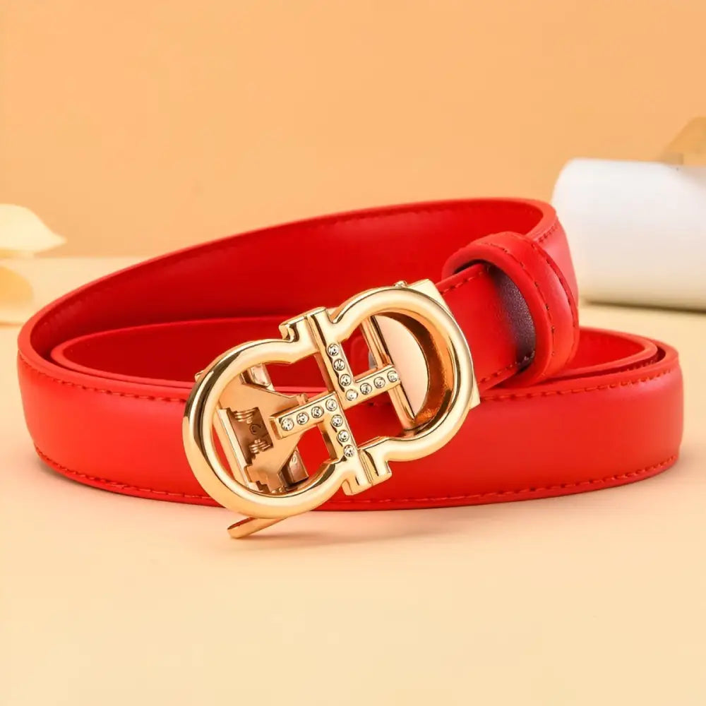Red leather belt with a golden omega buckle from Leather Belts with Golden Omega Buckle collection