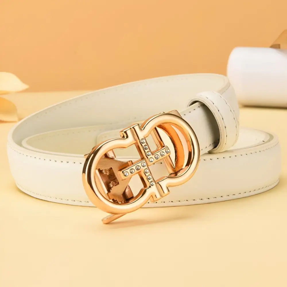 White leather belt with a golden omega buckle from Leather Belts with Golden Omega Buckle collection