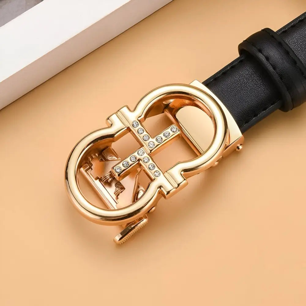 Black leather belt featuring a premium golden omega buckle in stylish black and white styles