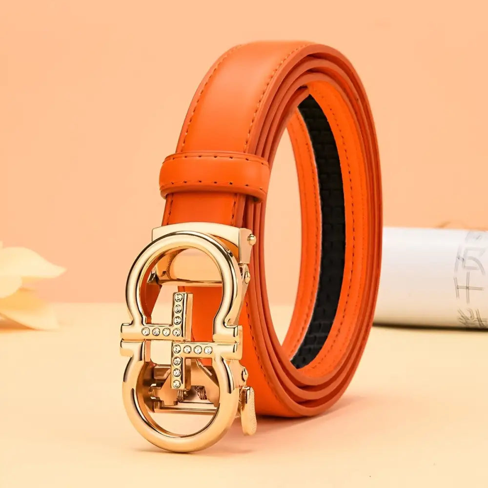Orange leather belt with a golden omega buckle from Leather Belts with Golden Omega Buckle collection