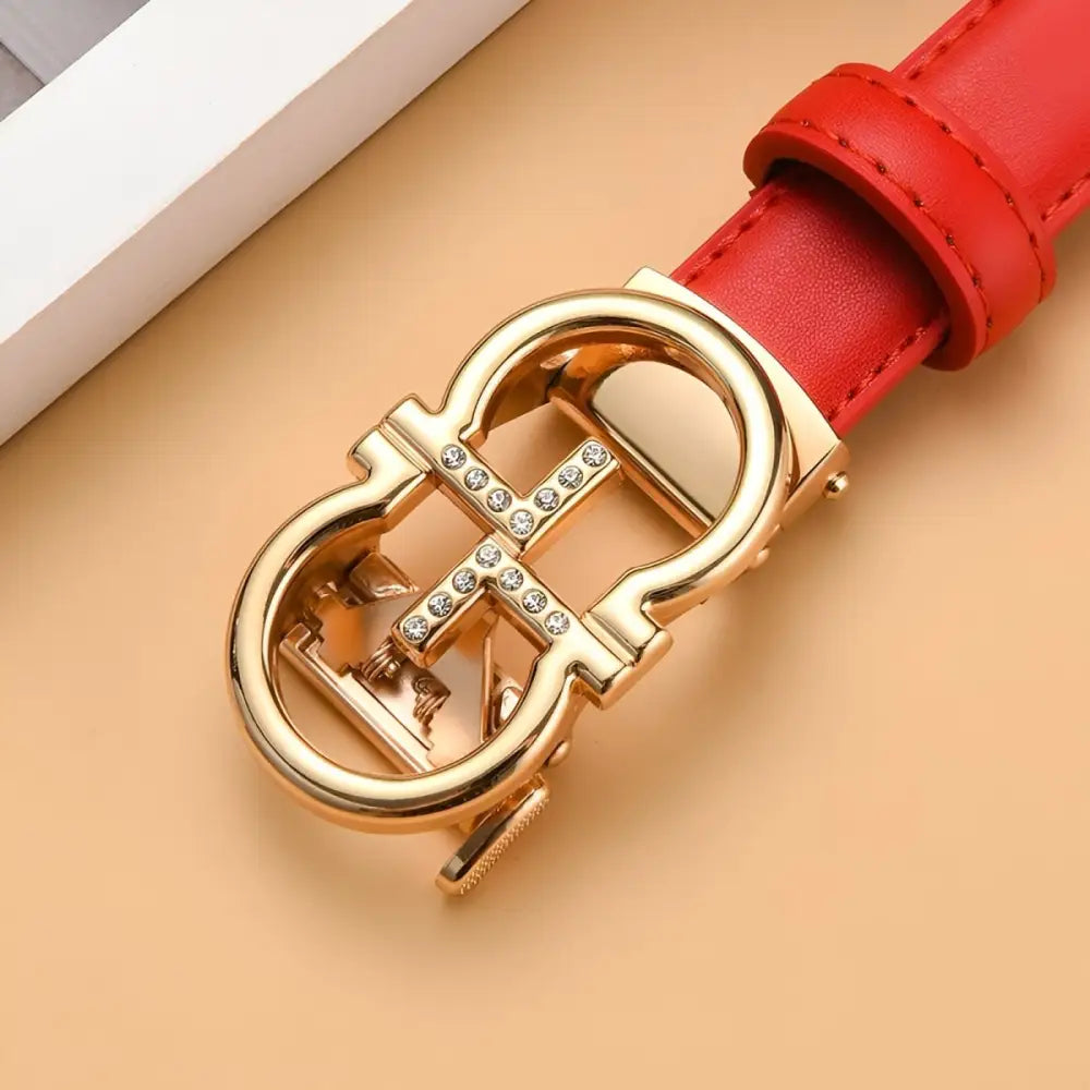 Red leather belt with golden omega buckle from Leather Belts with Golden Omega Buckle collection