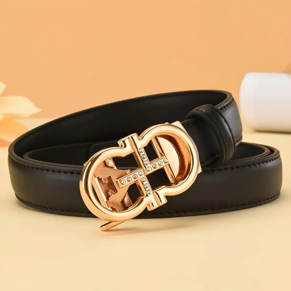 Black leather belt with a golden omega buckle and rhinestone accents in stylish designs