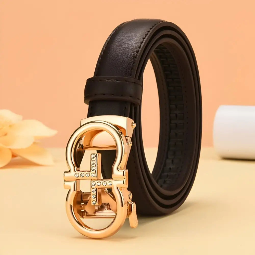 Black leather belt with golden omega buckle from Leather Belts with Golden Omega Buckle collection