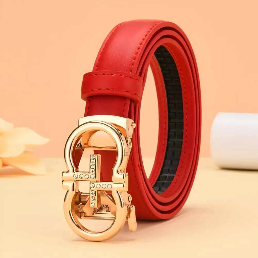 Red leather belt with a golden omega buckle from Leather Belts with Golden Omega Buckle collection