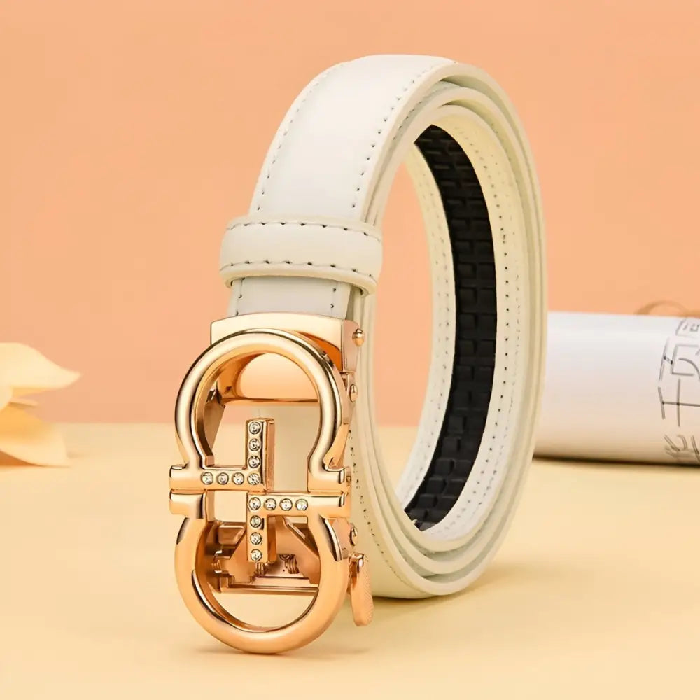 White leather belt with a golden omega buckle from Leather Belts with Golden Omega Buckle collection