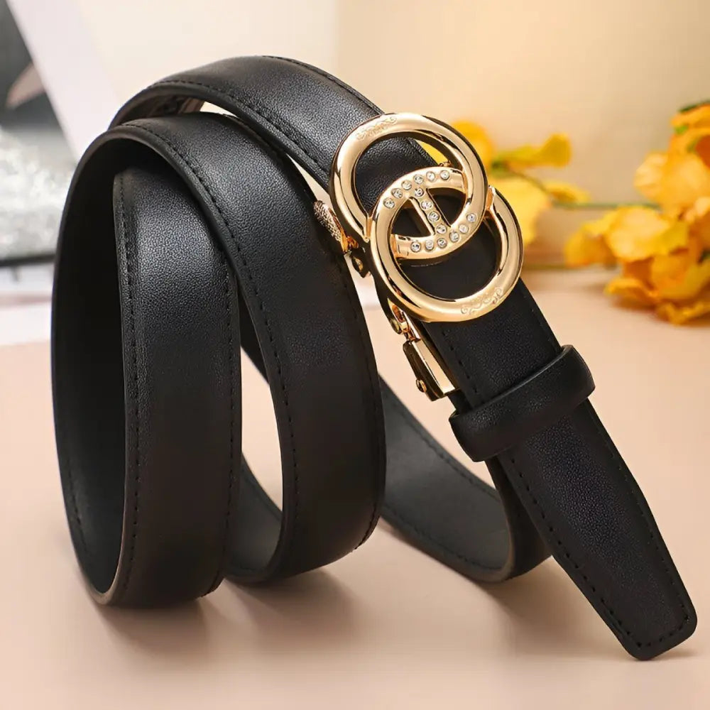 Black leather belt with gold interlocking circle buckle, ideal automatic leather belt accessory
