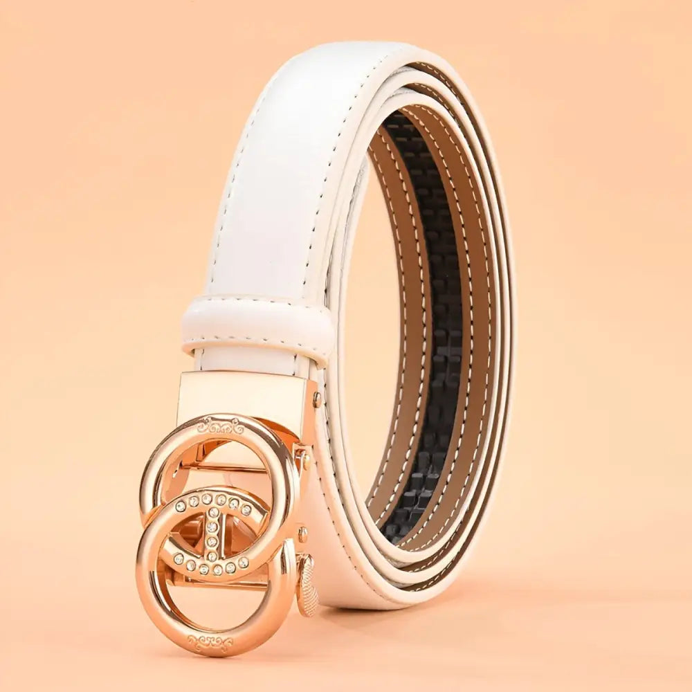 White leather belt with gold double-circle buckle, automatic leather belt for elegant style