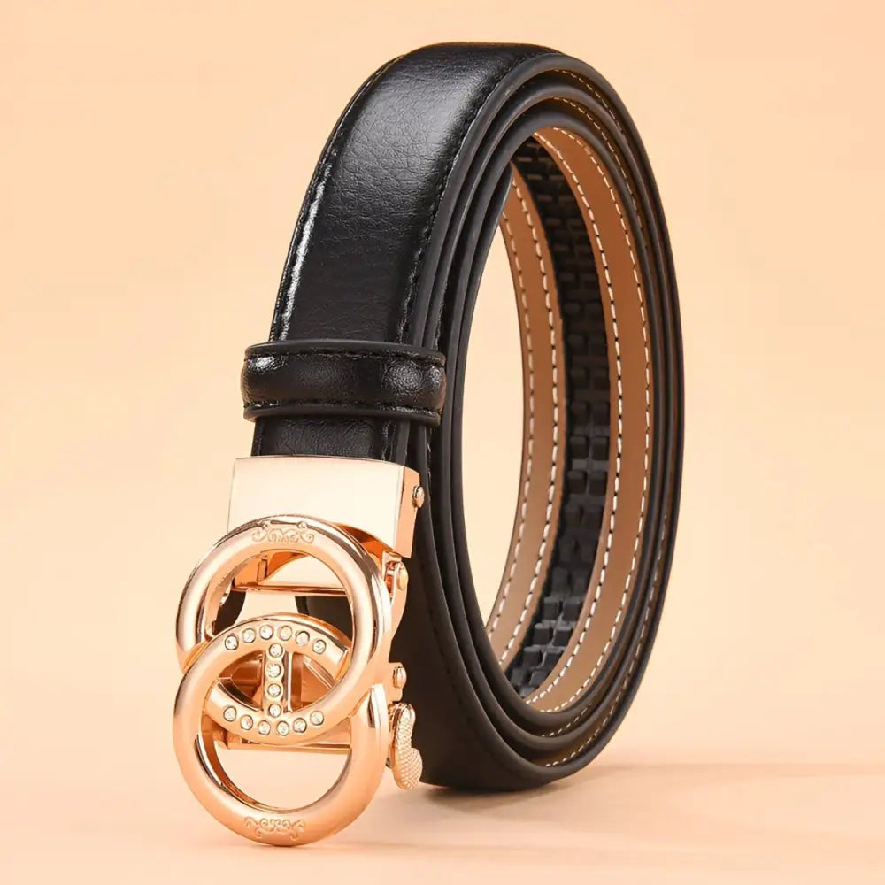 Black leather belt with gold interlocking circle buckle for an elegant style featuring an automatic leather belt