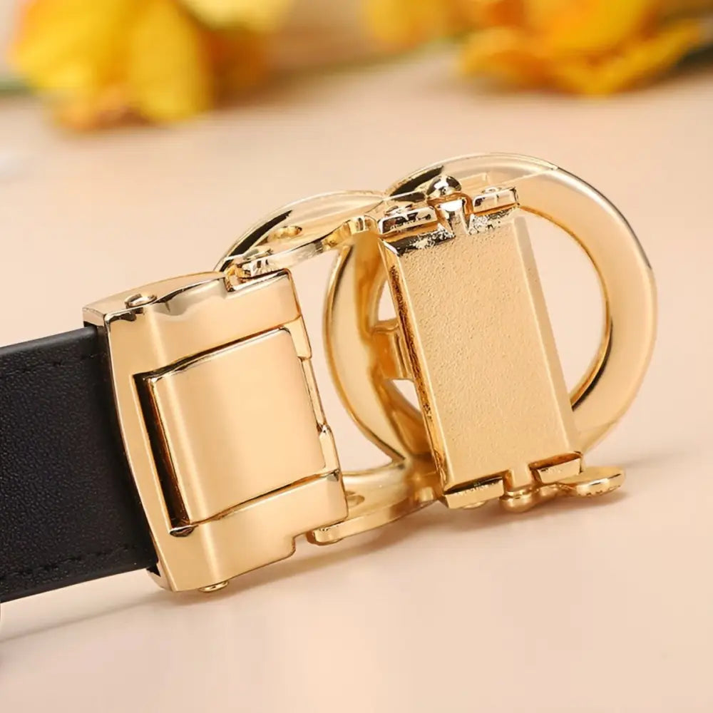 Gold-toned buckle leather belt with automatic leather strap for elegant style