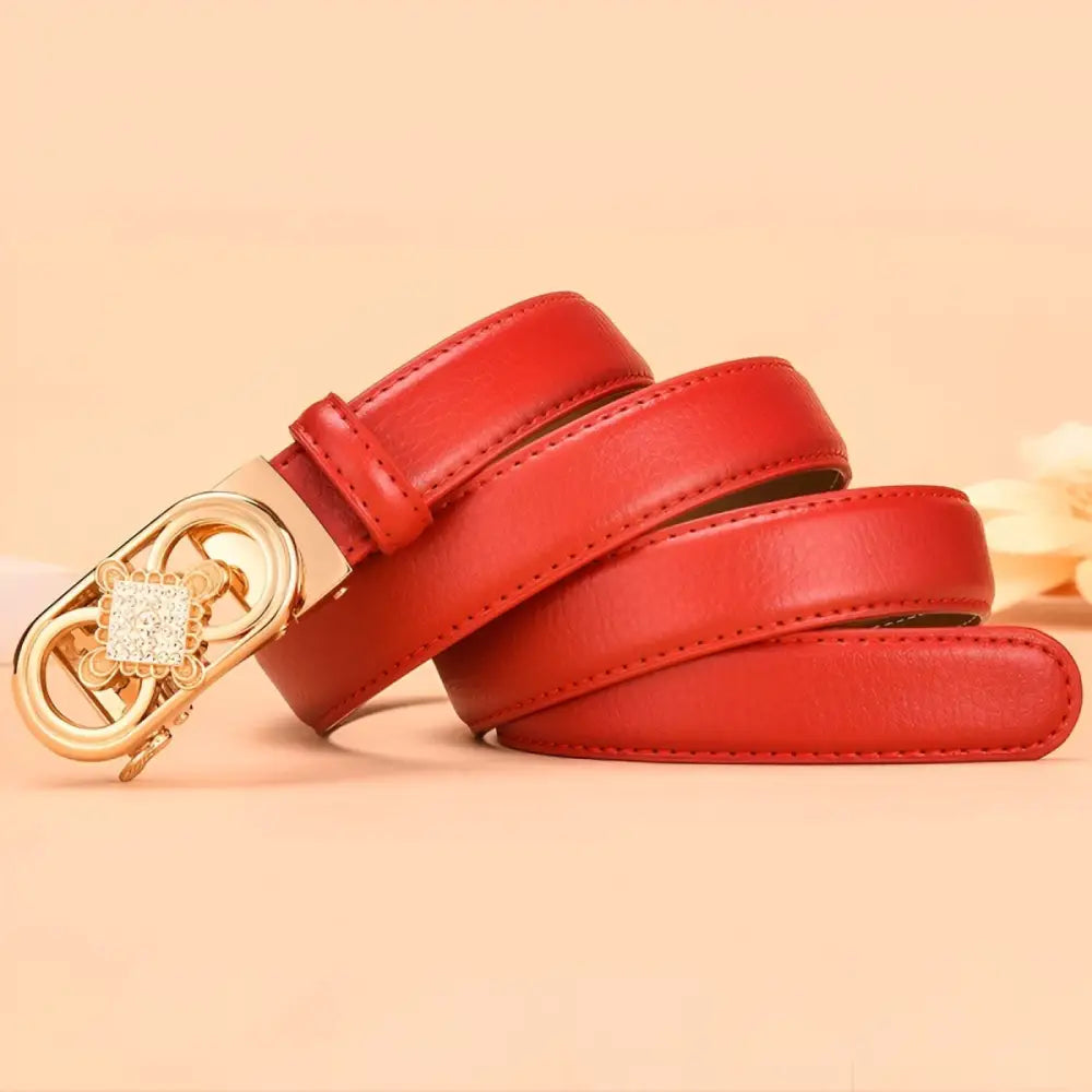 Red leather belt with gold buckle from the set of three jewelry-embellished belts