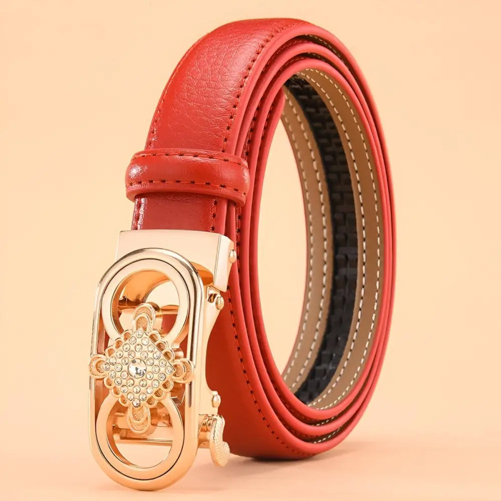 Red leather belt with jeweled gold buckle from Set of Three Leather Belts collection