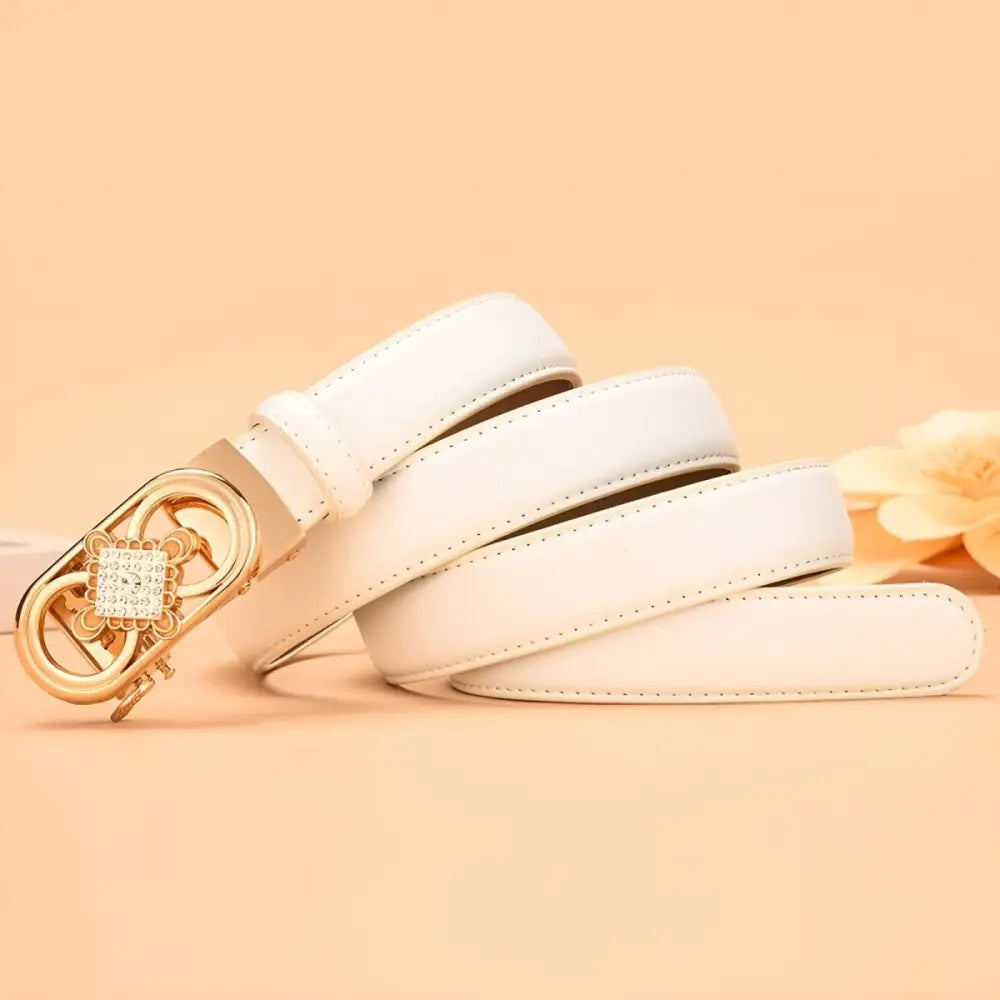 White leather belt with a gold buckle from the Set of Three Leather Belts with Jewel-Embellished and Gold Buckles