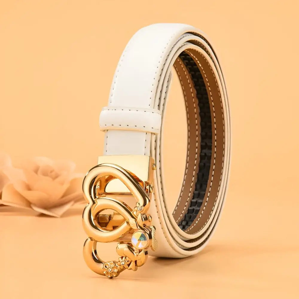 White leather belt with gold heart-shaped buckle for automatic leather belt style
