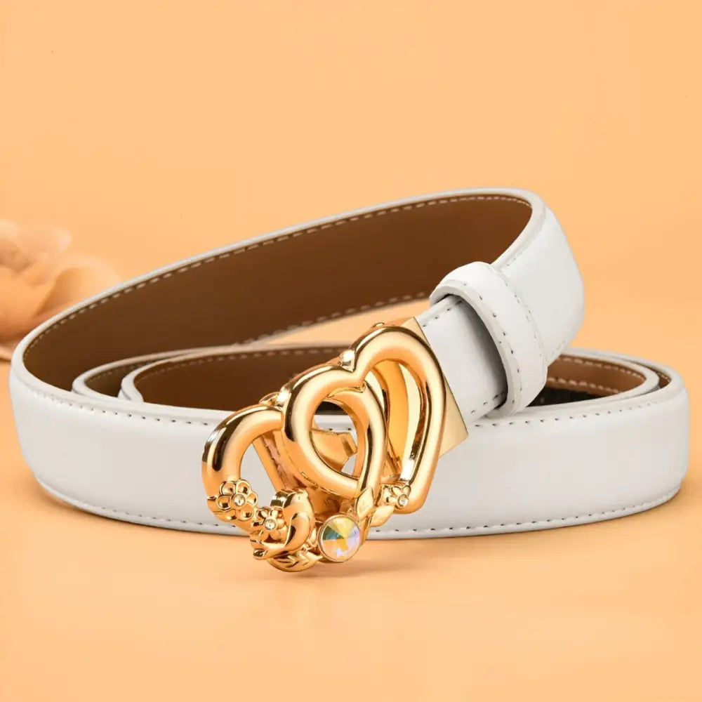 White leather belt with gold heart-shaped buckle for automatic leather belt fashion