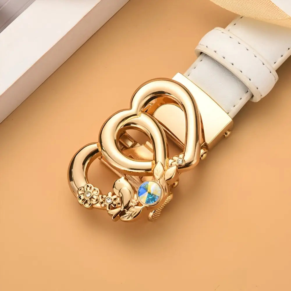 White leather belt with gold heart-shaped buckle for automatic leather belt style