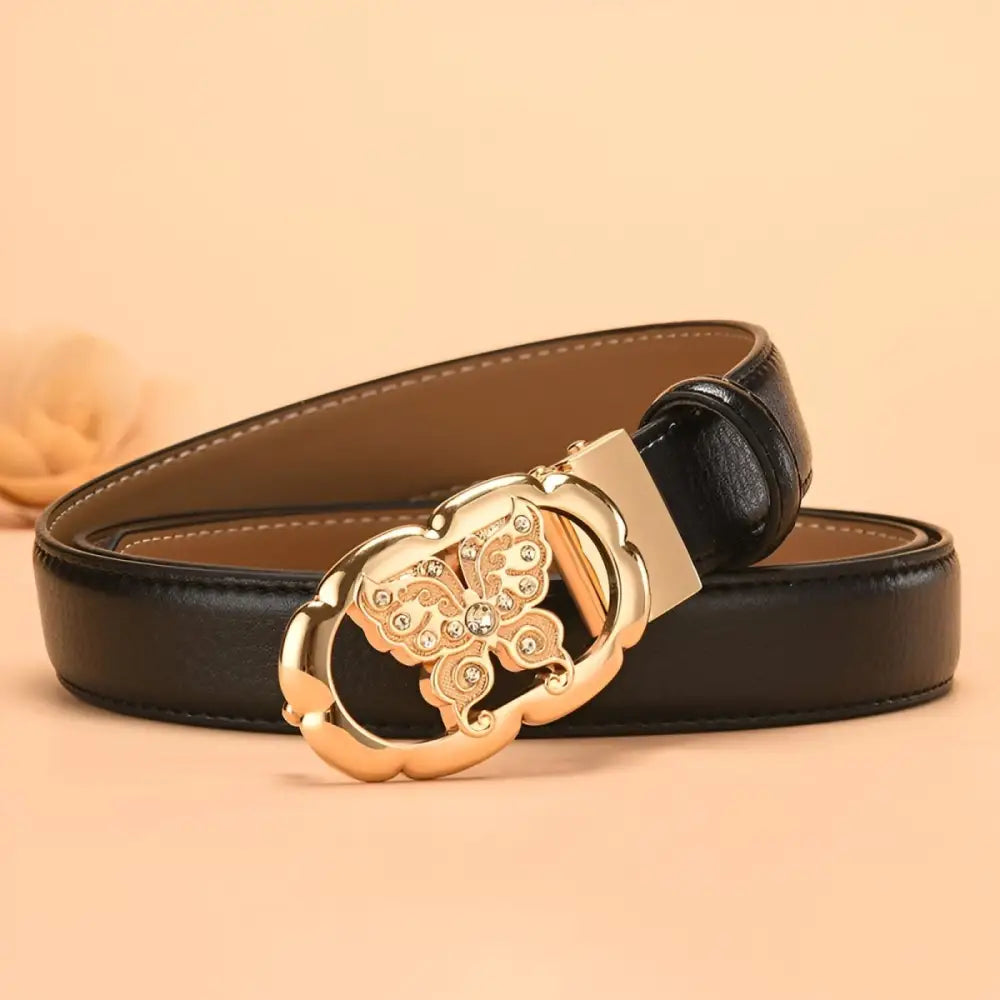 Black leather belt with gold butterfly buckle for automatic leather style