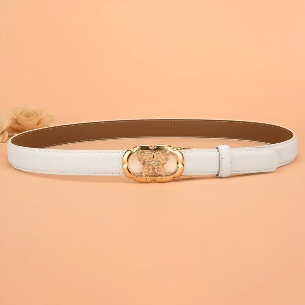 White leather belt with gold butterfly buckle for automatic leather style fashion
