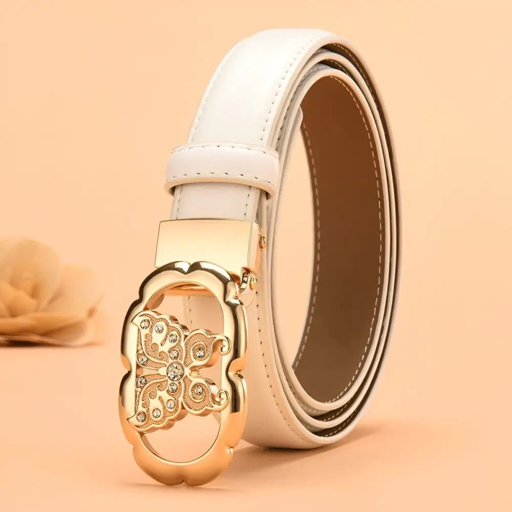 White leather belt with ornate gold buckle, ideal for automatic leather belt styles