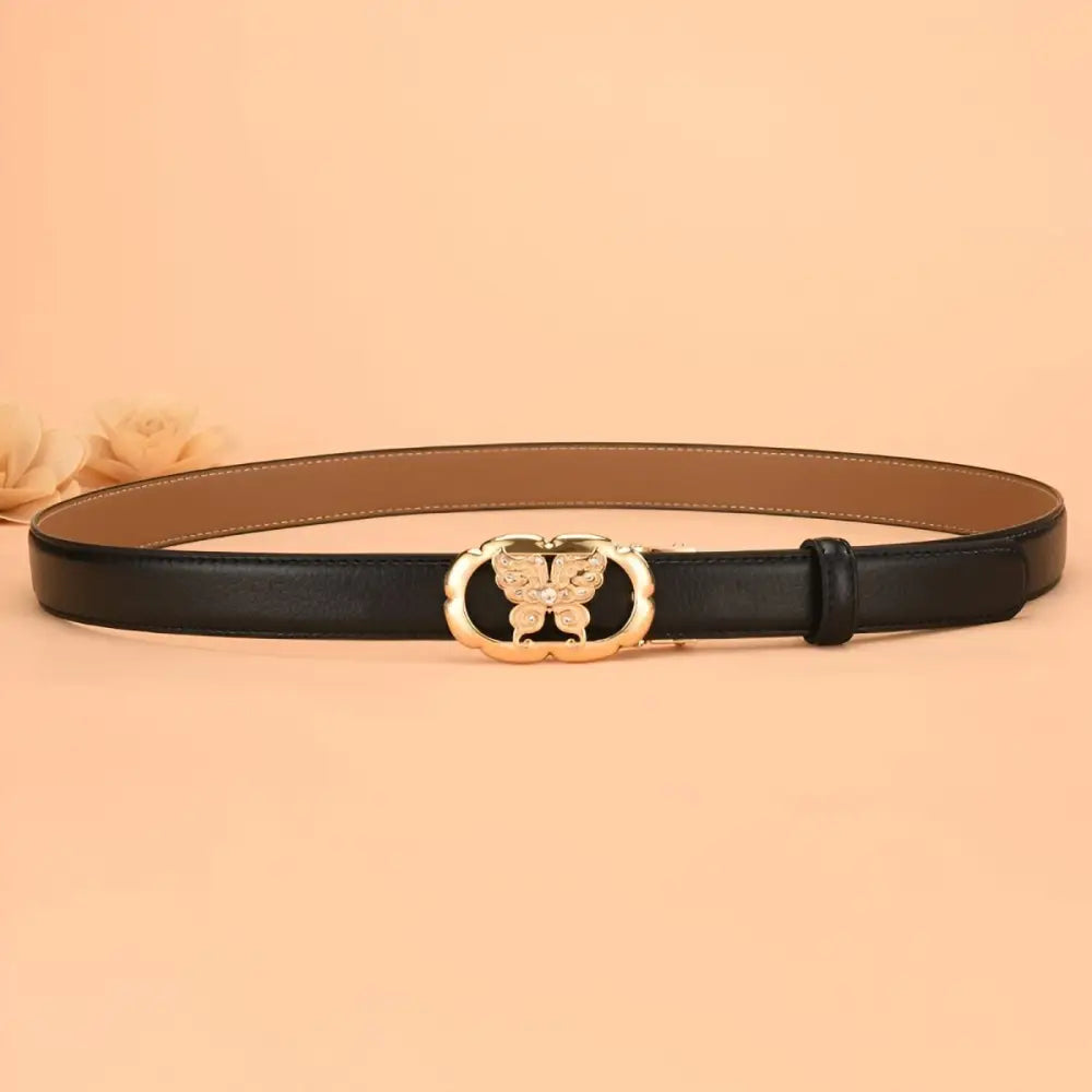 Black leather belt with gold butterfly buckle for automatic leather style product