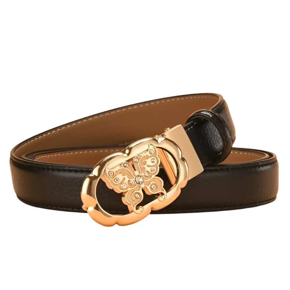 Black leather belt with gold butterfly buckle for automatic leather style accessory