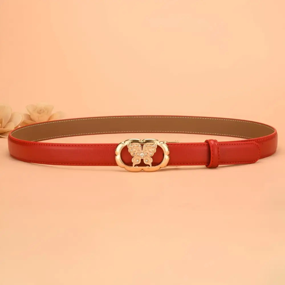 Red leather belt with butterfly buckle for automatic leather belt style