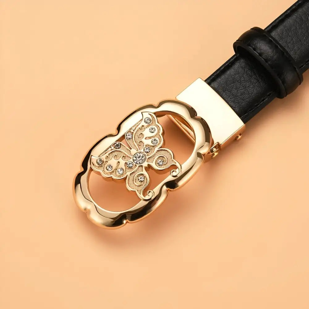 Black leather belt with gold butterfly buckle for automatic leather style