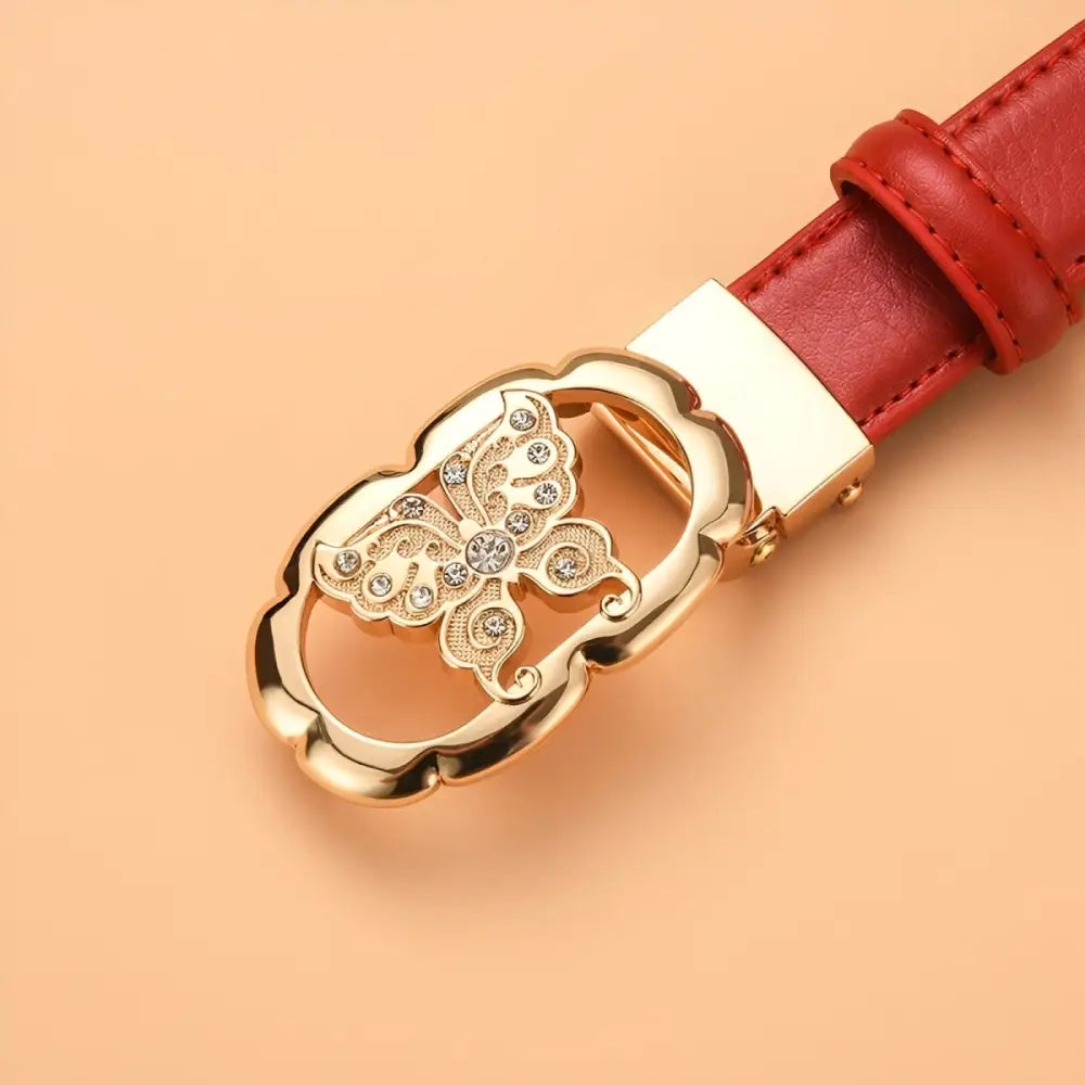 Red leather belt with butterfly buckle, perfect for automatic leather style fashion