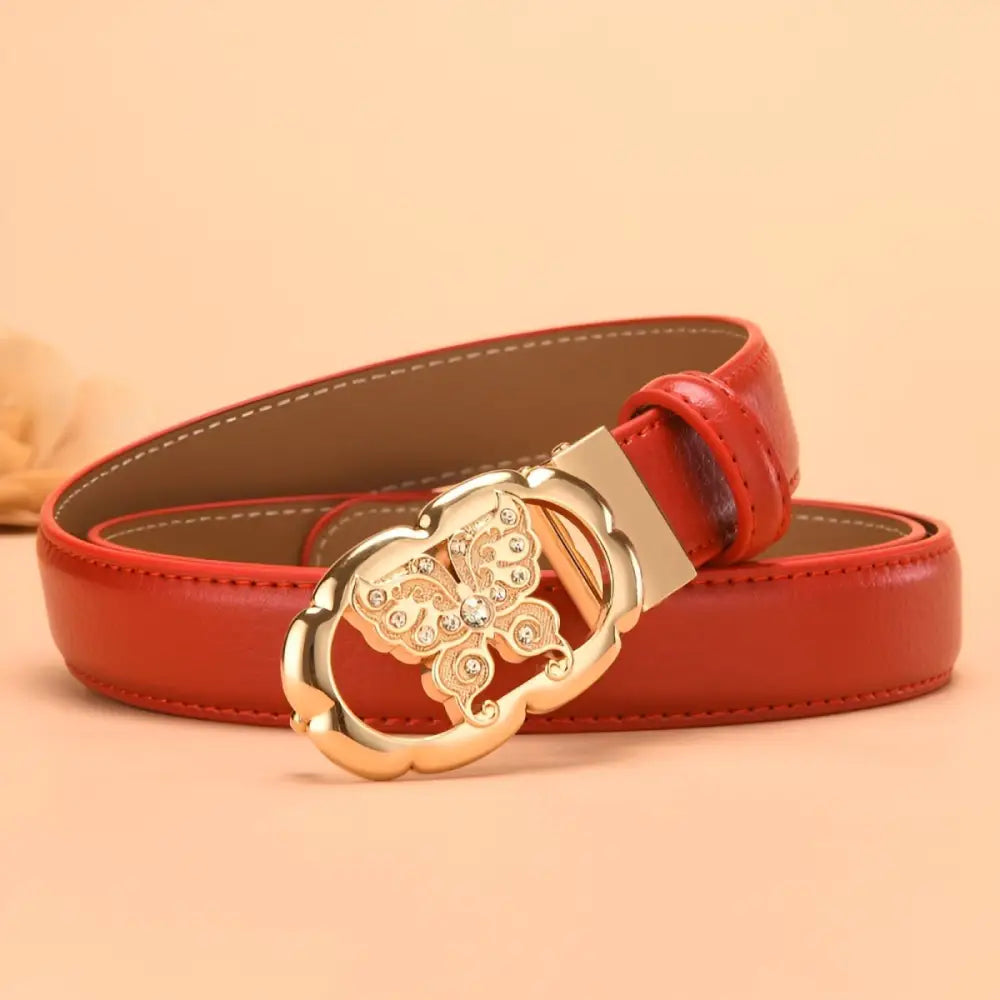 Red leather belt with gold butterfly buckle, stylish automatic leather belt for men