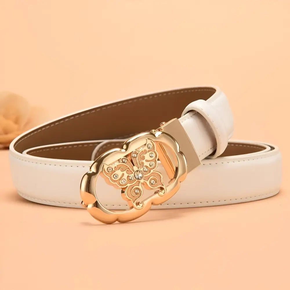 White leather belt with gold butterfly buckle for automatic leather style