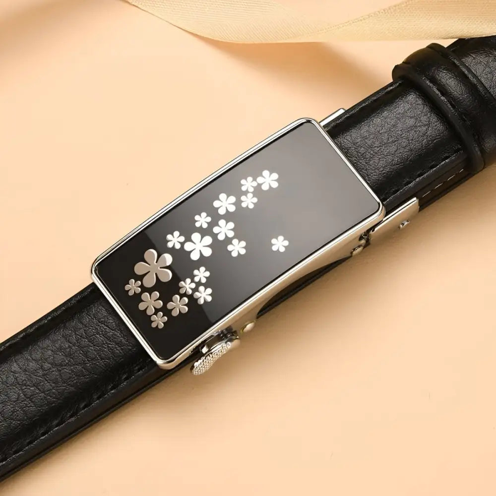 Black leather belt with floral buckle from Mila Model Automatic Leather Belts Collection