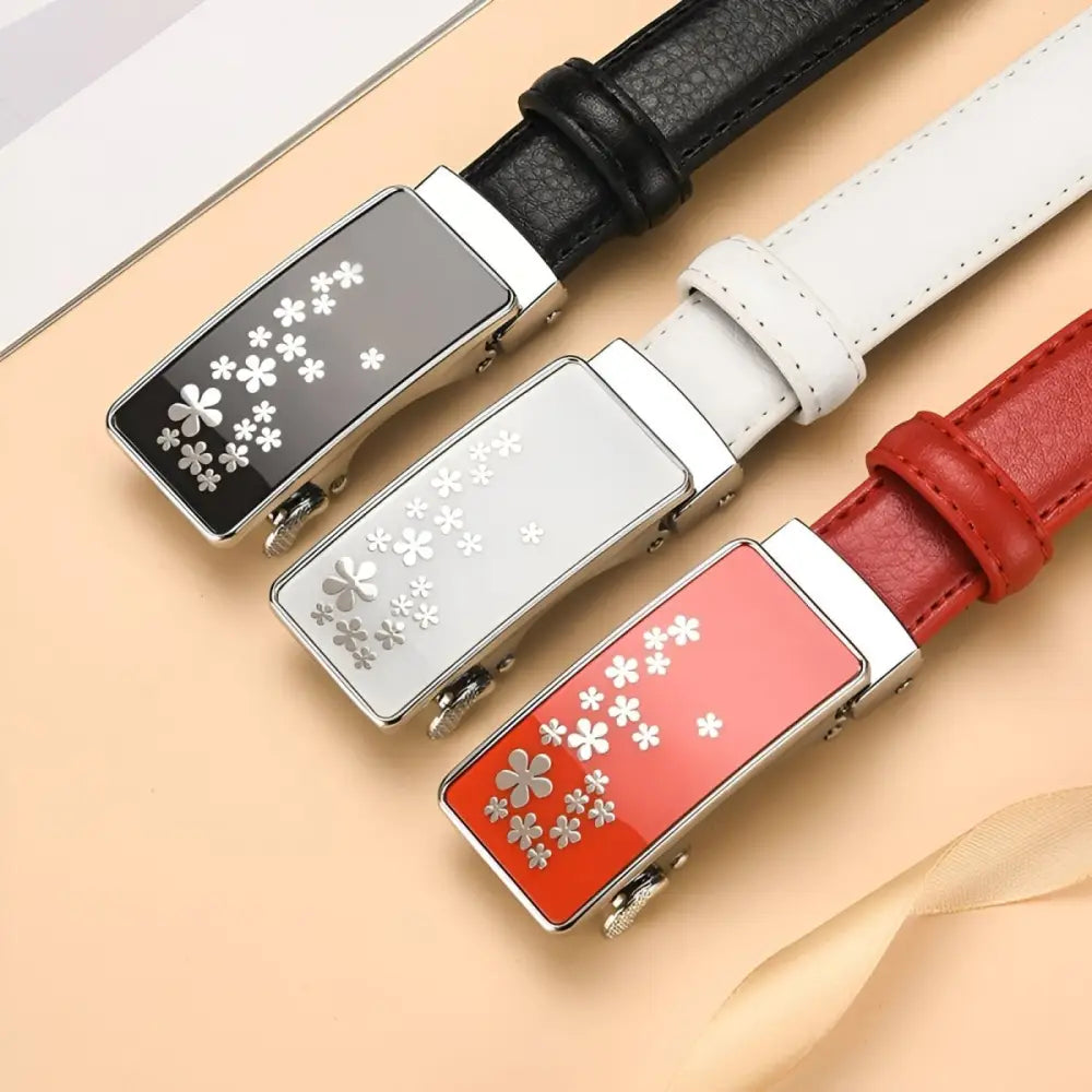 Mila Model Automatic Leather Belts with Floral Buckles for Elegant Style