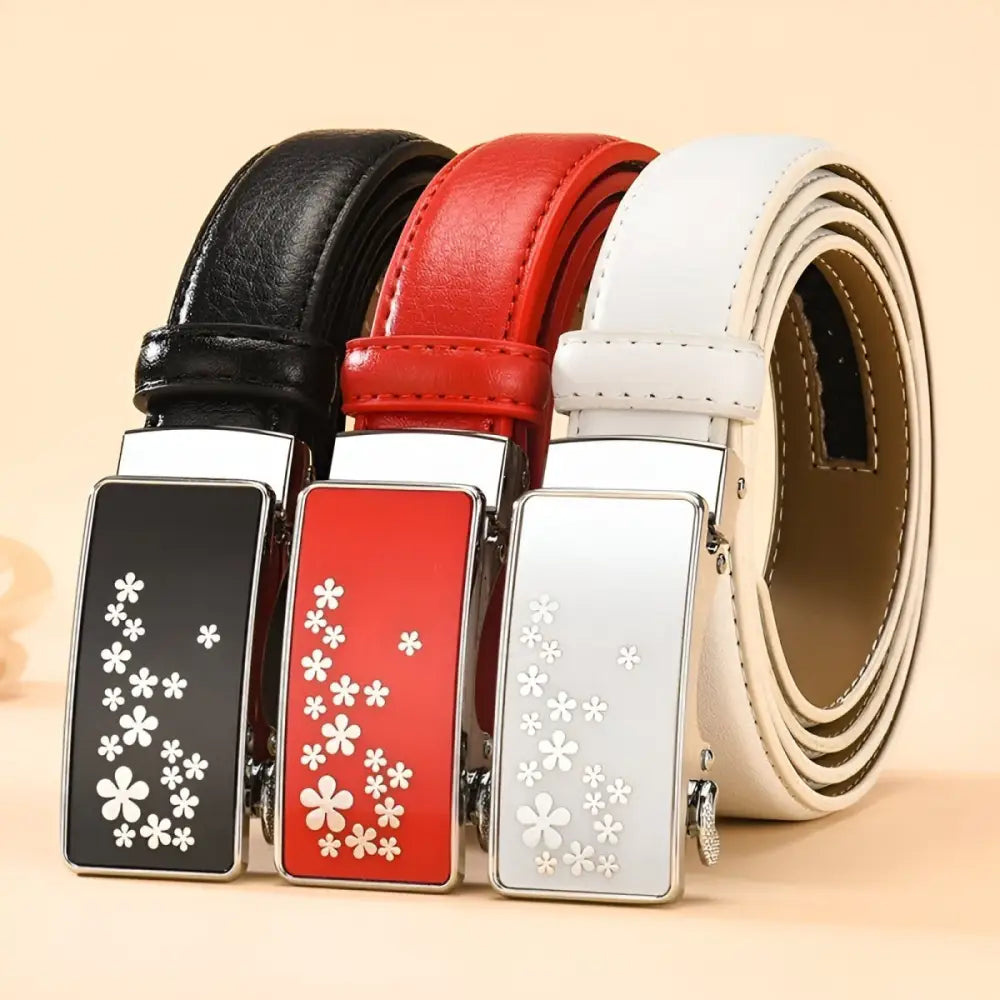 Mila Model Automatic Leather Belts with Floral Buckles from the Elegant Collection