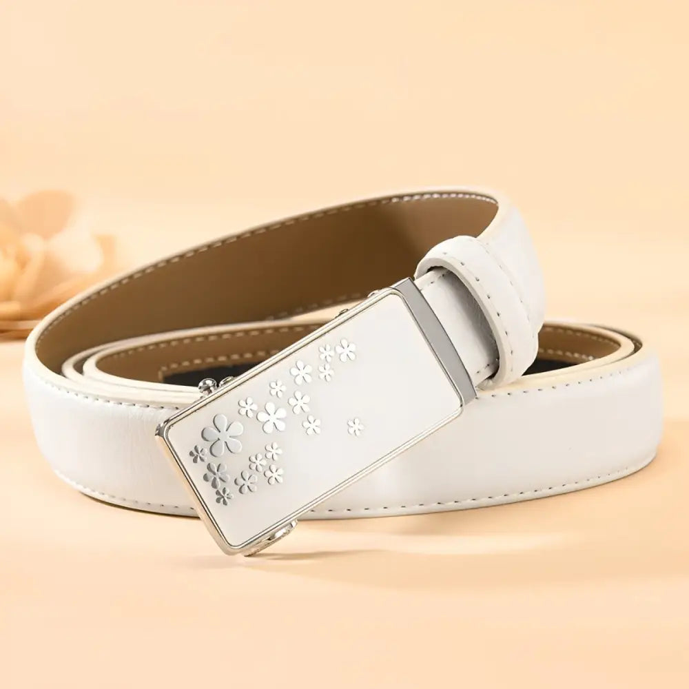 White leather belt with floral buckle from Mila Model Automatic Leather Belts collection